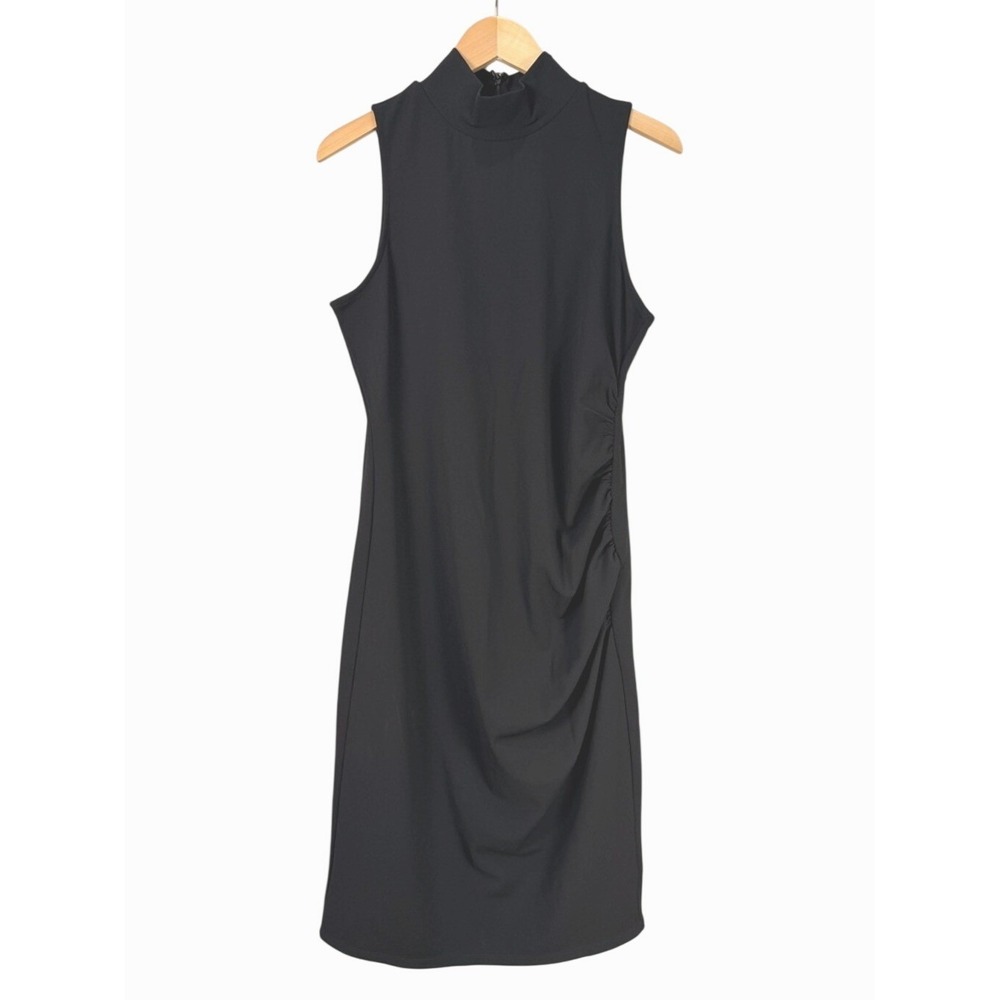 CHELSEA 28 Black Sleeveless Mock Neck‎ Ruched Midi Dress Size L